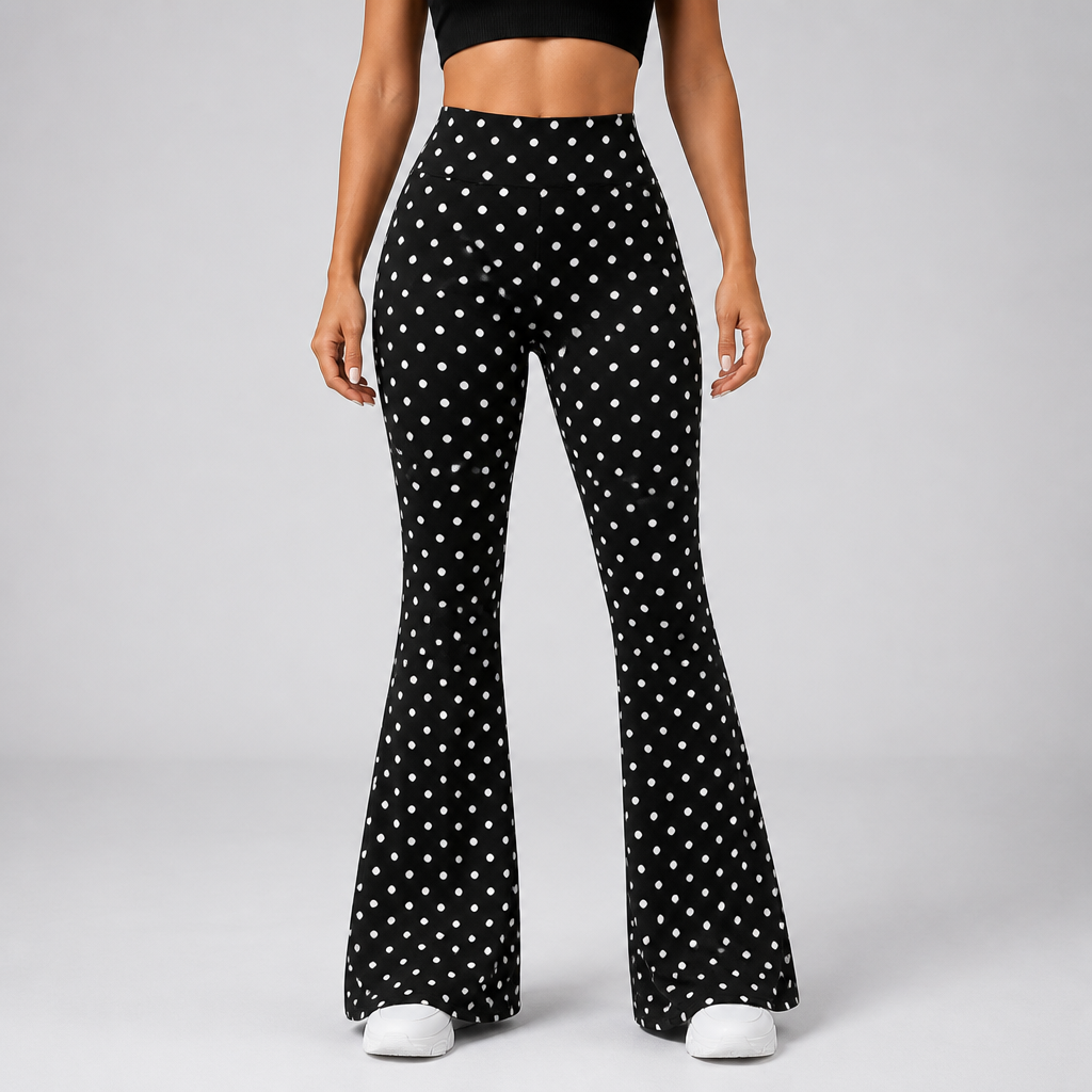 High-Waist Tummy Control Stretch Flared Pants (Polka Dot Print)