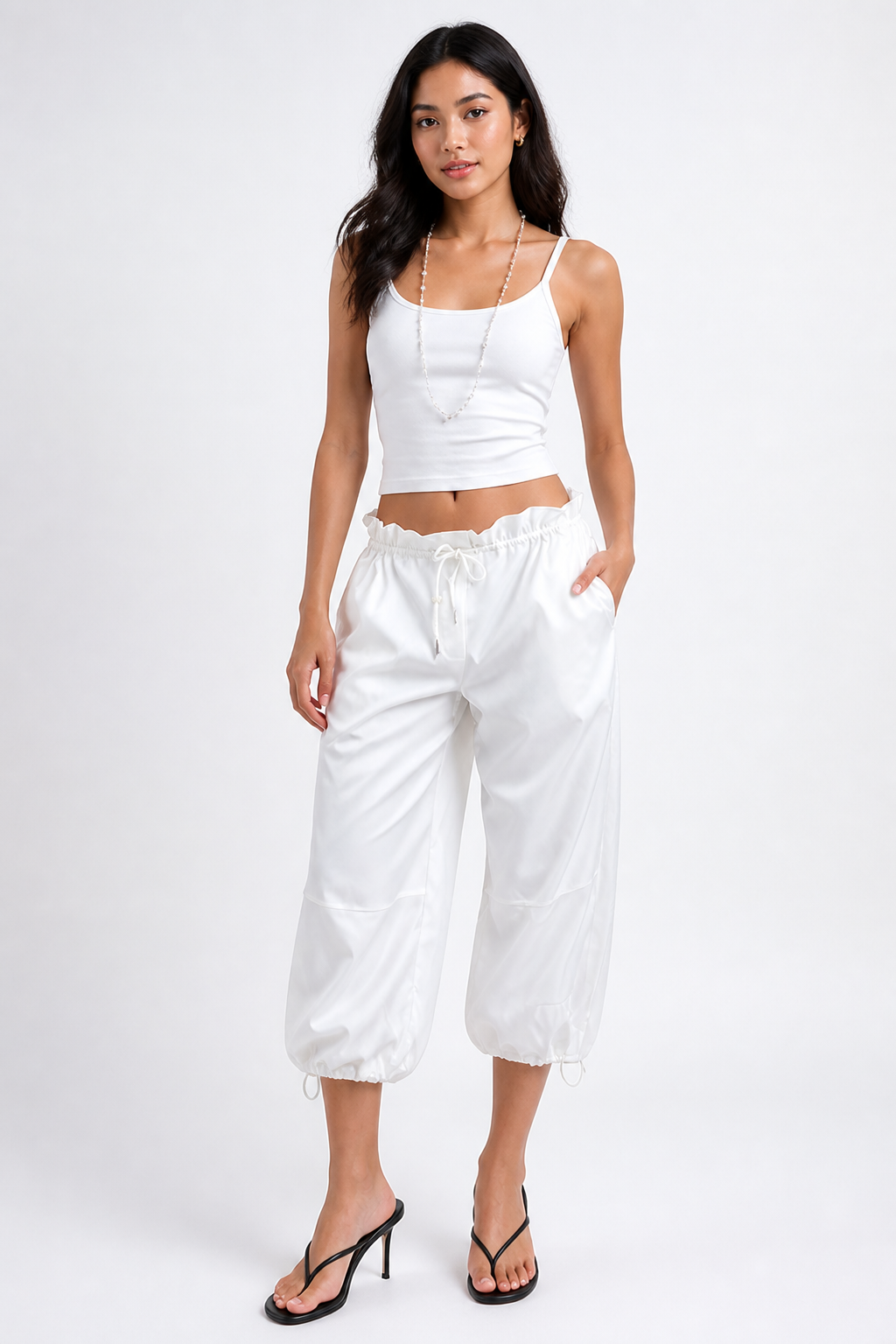 Adjustable Drawstring & Breathable Cropped Wide-Leg Pants (3/4 Length)