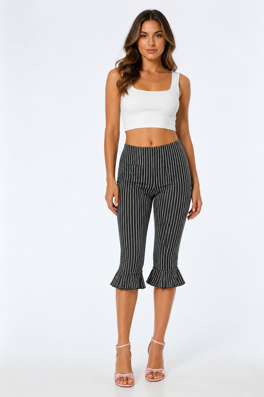 Elastic-Waist Striped Ruffle Capri Pants