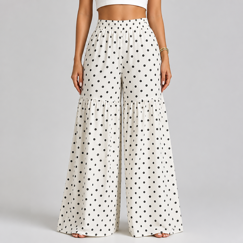 High-Waist Drapey Polka Dot Wide-Leg Pants