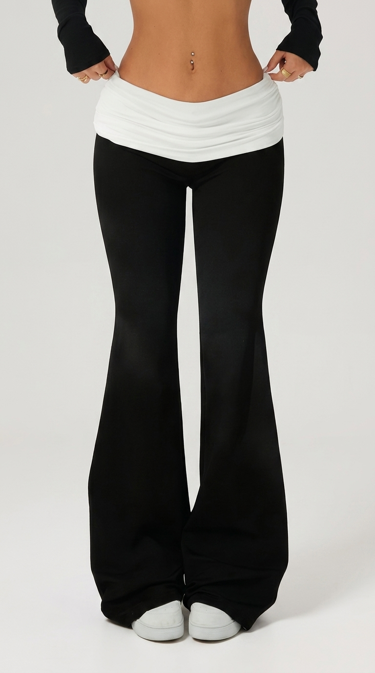 Y2K High-Stretch Contrast Waistband Flare Pants (Machine Washable)