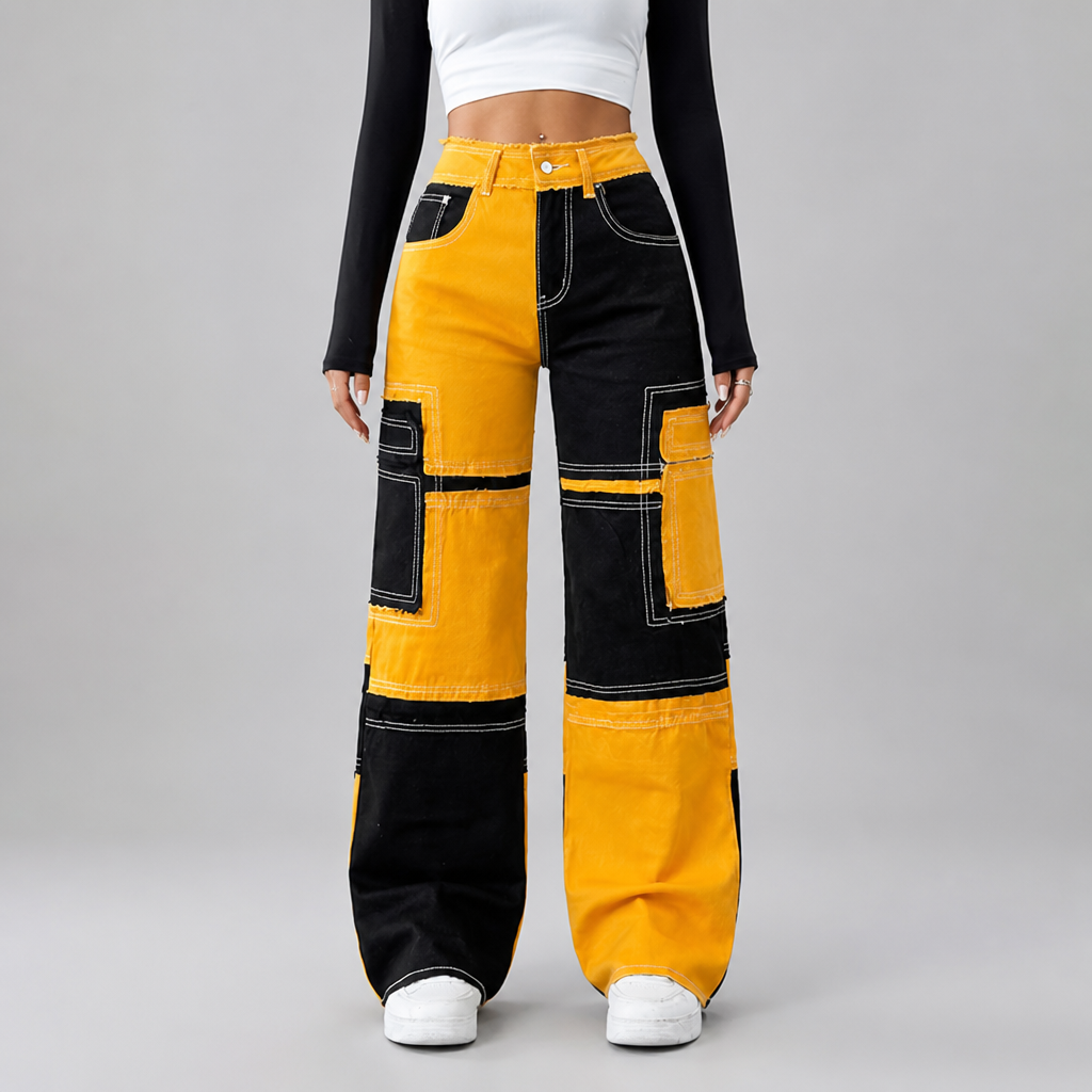 Colorful Stitching High-Waisted Loose Straight Denim Pants