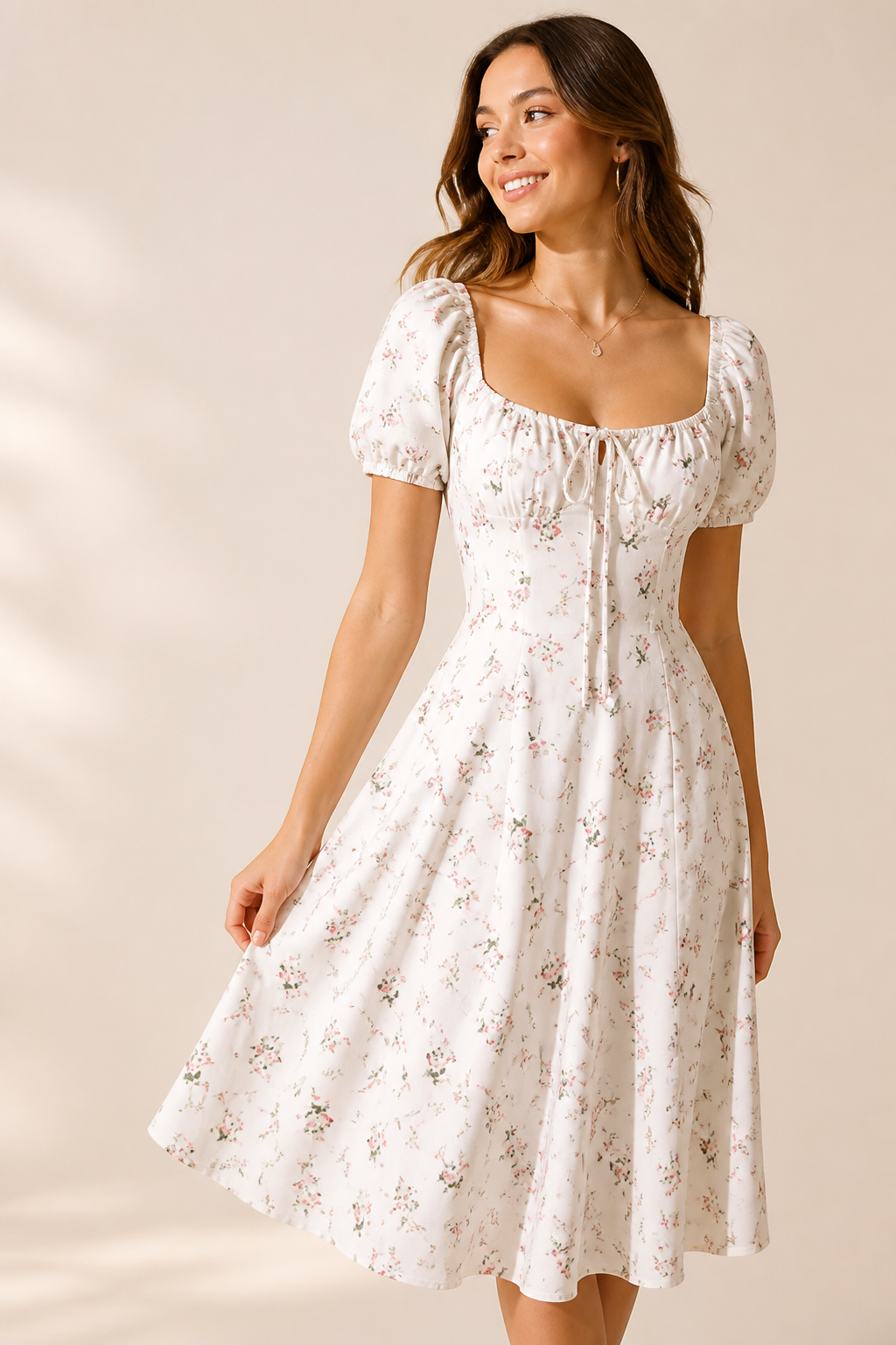 Romantic Floral Waist-Cinching Tie-Front & Back Square Neck Dress
