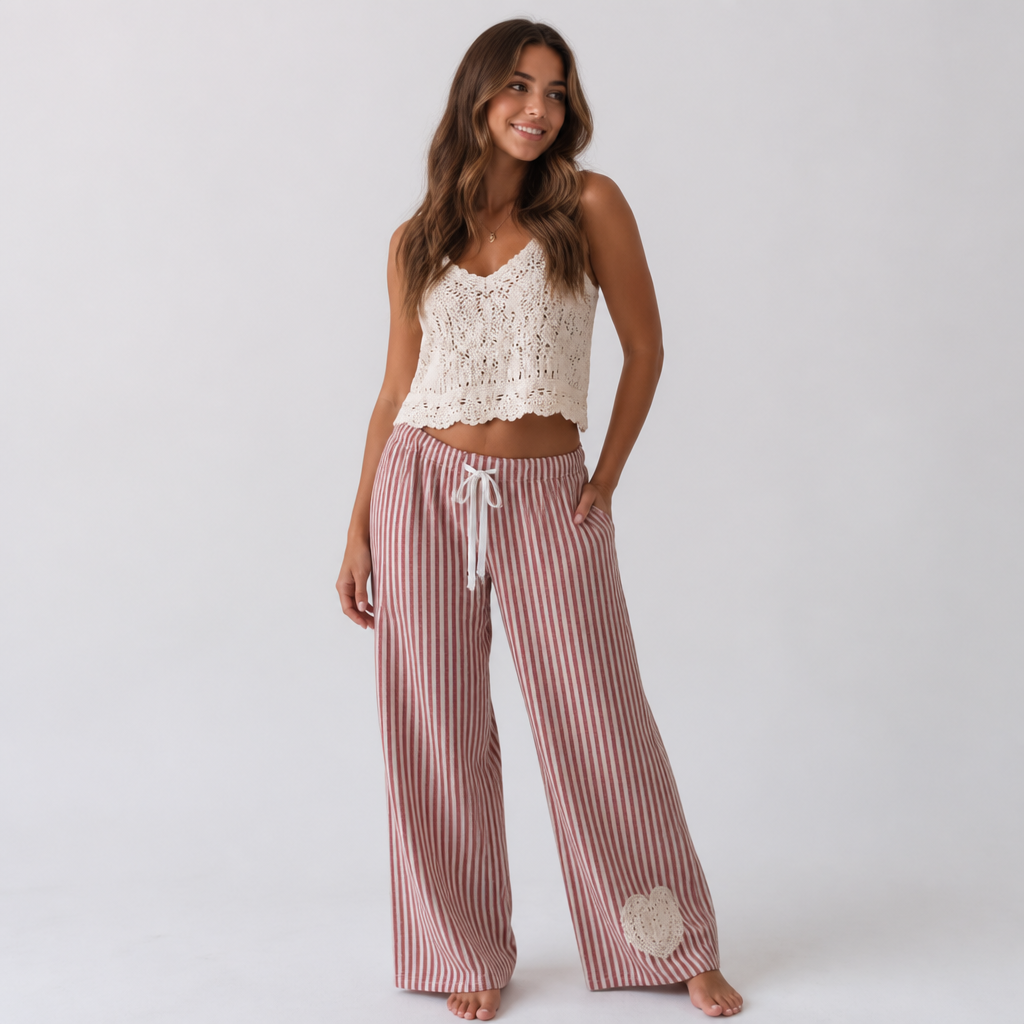 Striped Heart Lace Wide-Leg Pants