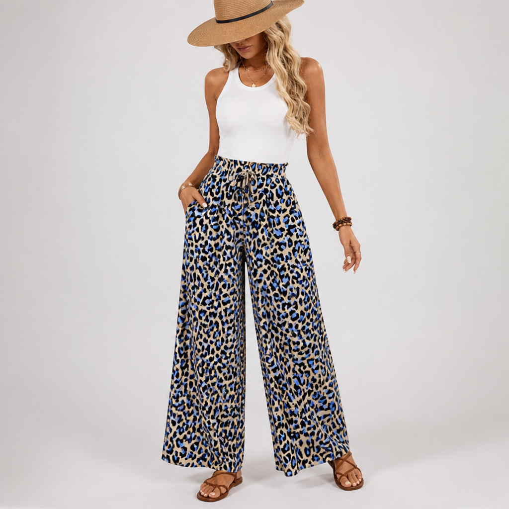 Elastic Waistband Wide-Leg Printed Pants
