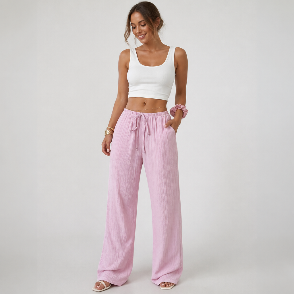 Waist-Tie Wide-Leg Women's Two-Piece Set With Pockets