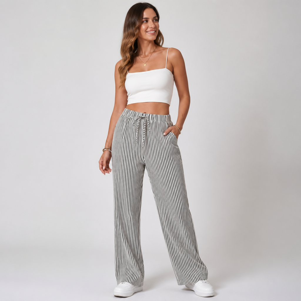 Elastic Drawstring Wide-Leg Striped Pants