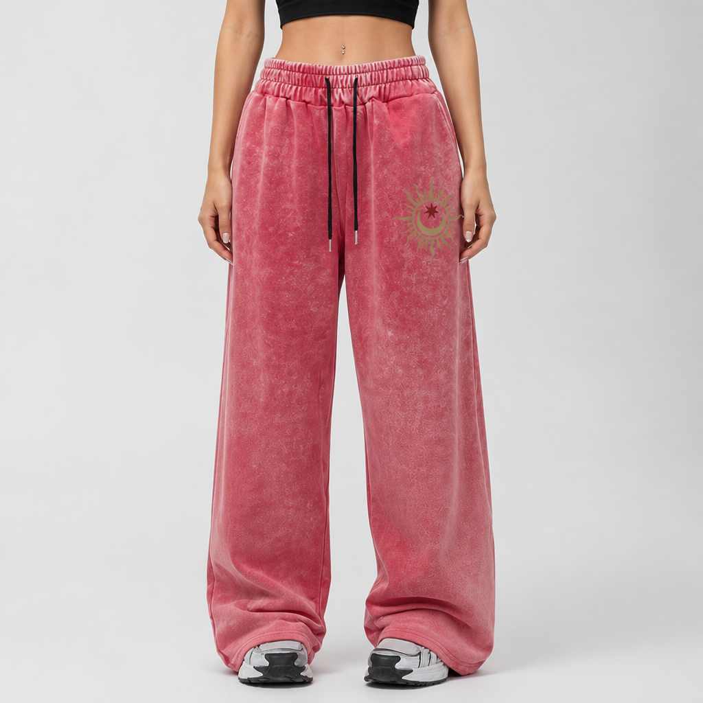 Elastic Drawstring Waist & Celestial Print Wide-Leg Pants