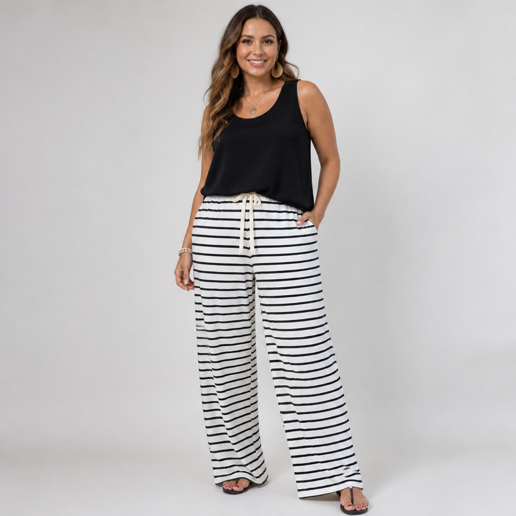 Plus-Size Black & White Striped Wide-Leg Pants