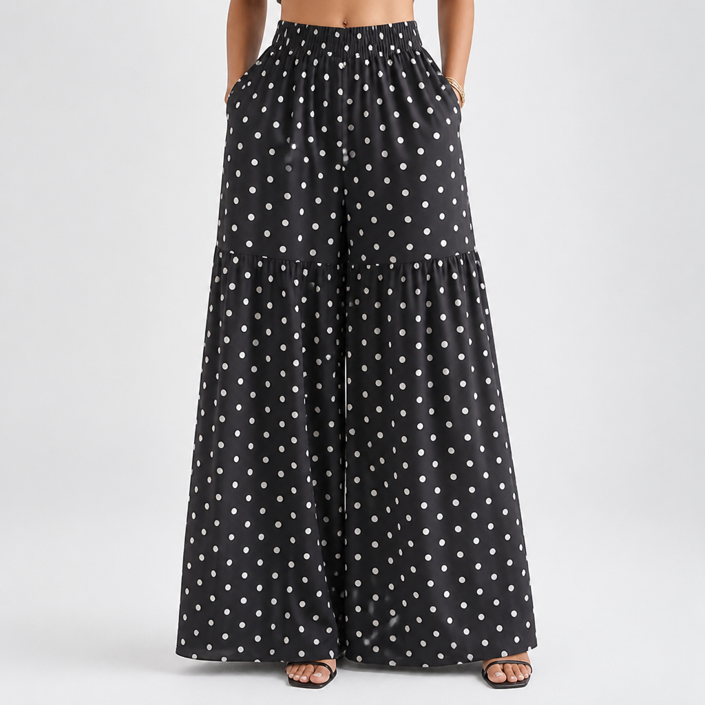 High-Waist Drapey Polka Dot Wide-Leg Pants