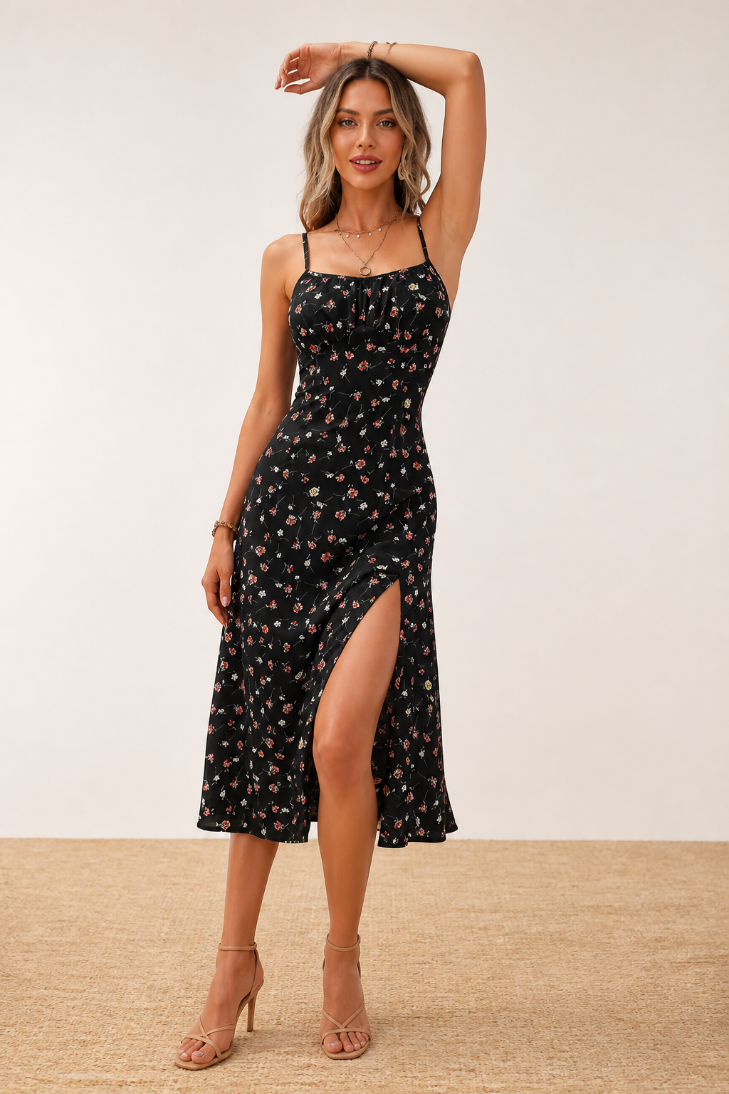 Lightweight Adjustable Spaghetti-Strap Floral Dress (Square Neck)