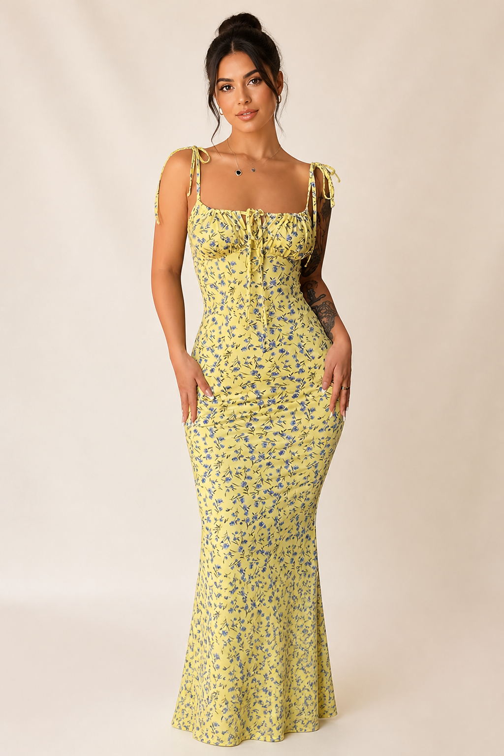 Adjustable Self-Tie Straps & Mermaid Silhouette Floral Maxi Dress