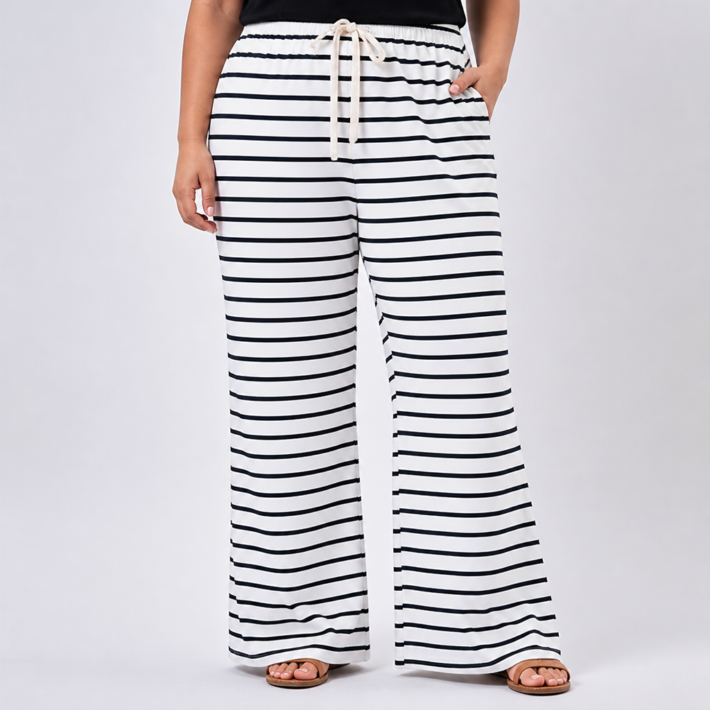 Plus-Size Black & White Striped Wide-Leg Pants