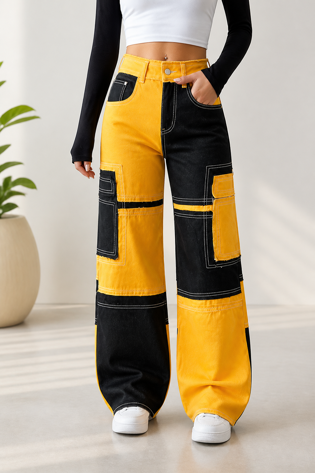 Colorful Stitching High-Waisted Loose Straight Denim Pants