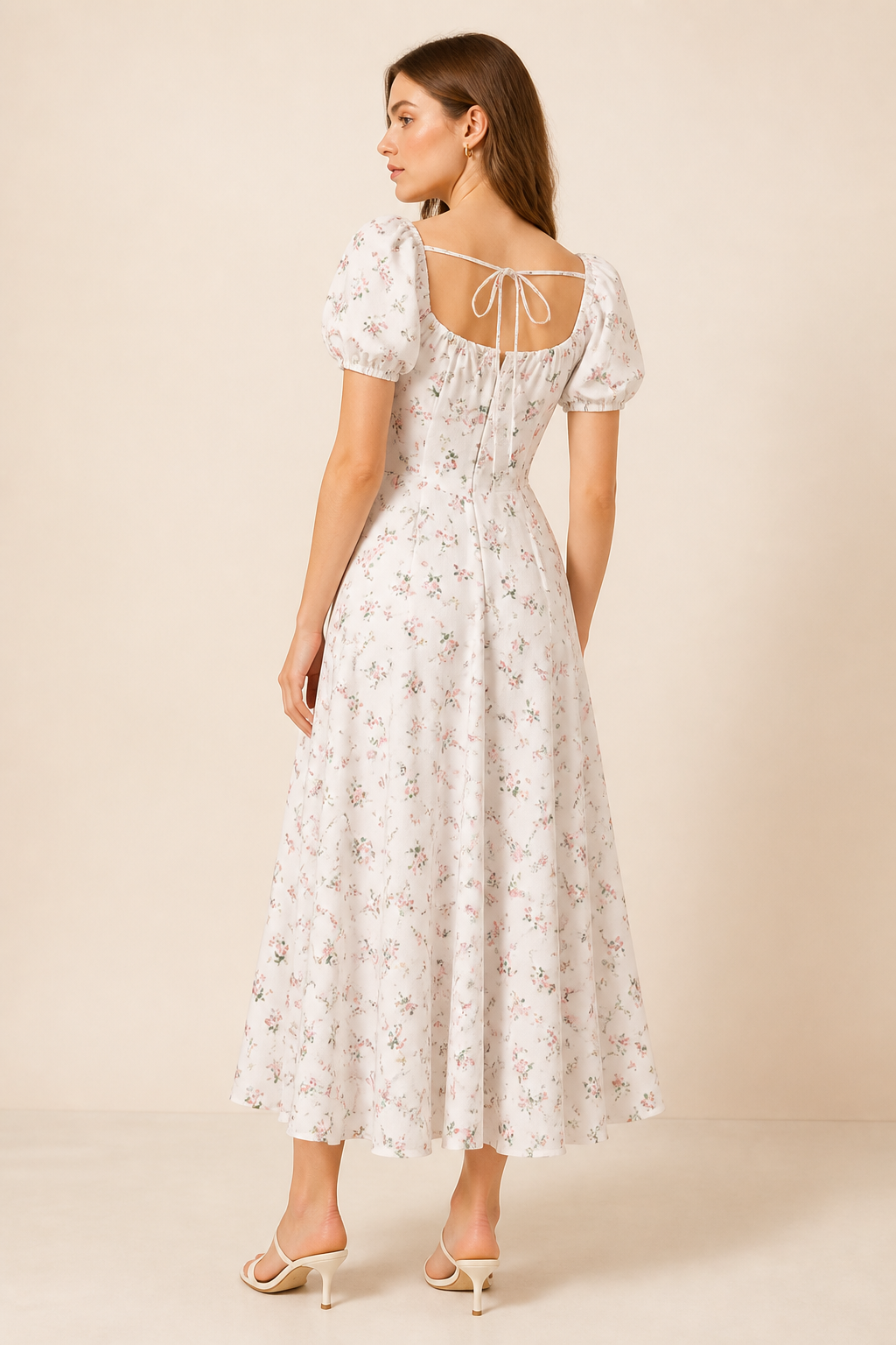Romantic Floral Waist-Cinching Tie-Front & Back Square Neck Dress