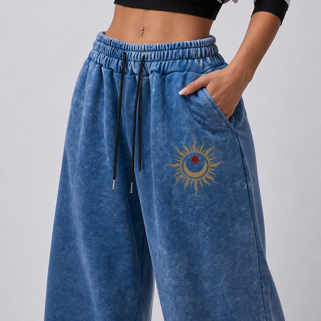 Elastic Drawstring Waist & Celestial Print Wide-Leg Pants