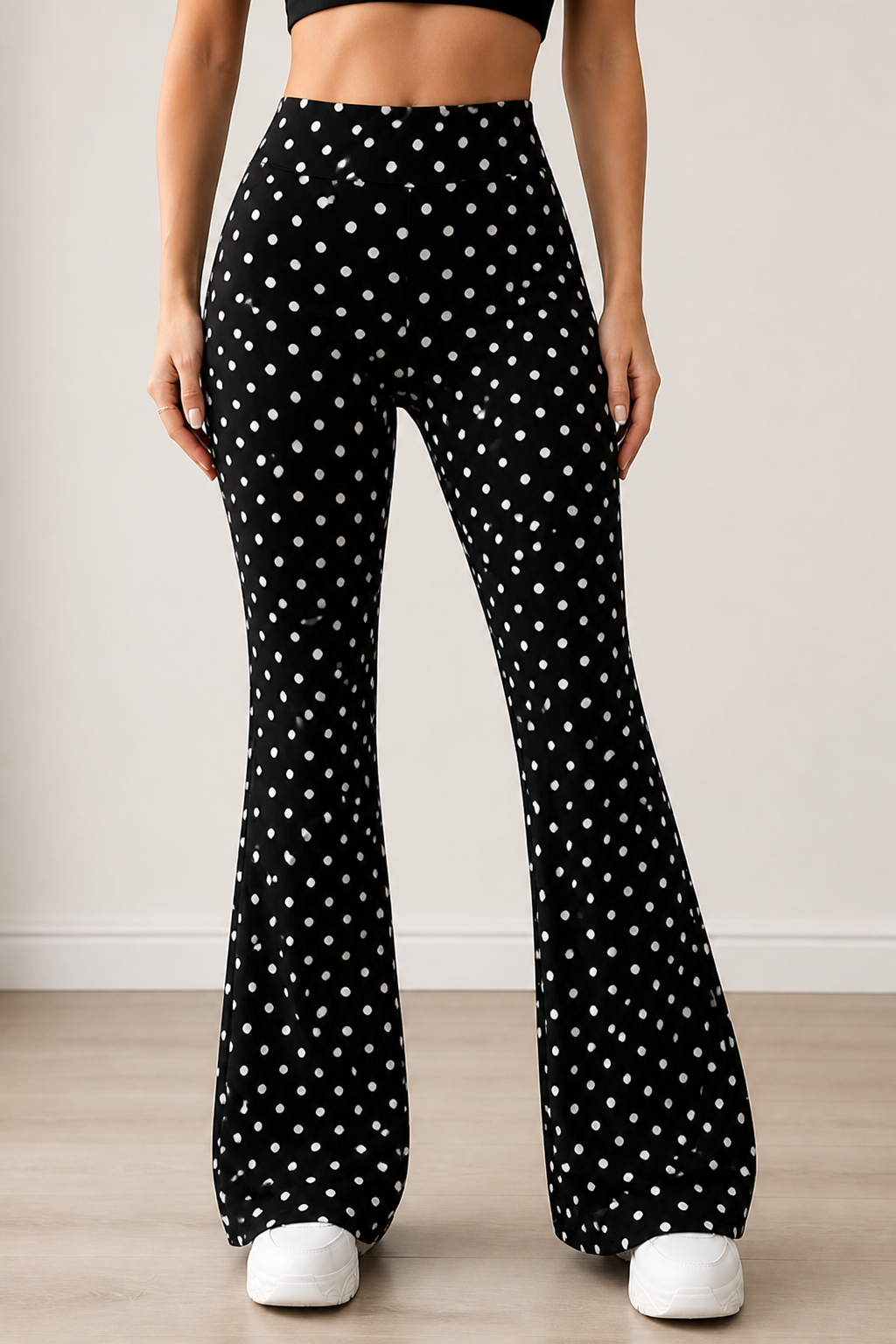 High-Waist Tummy Control Stretch Flared Pants (Polka Dot Print)