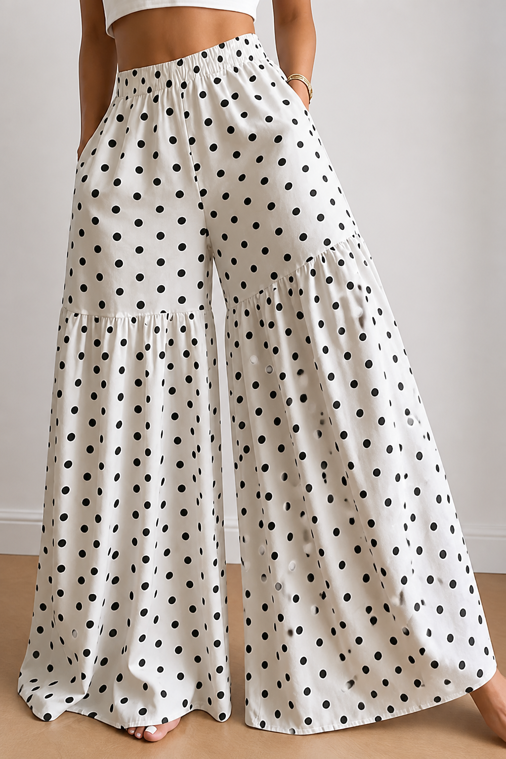 High-Waist Drapey Polka Dot Wide-Leg Pants