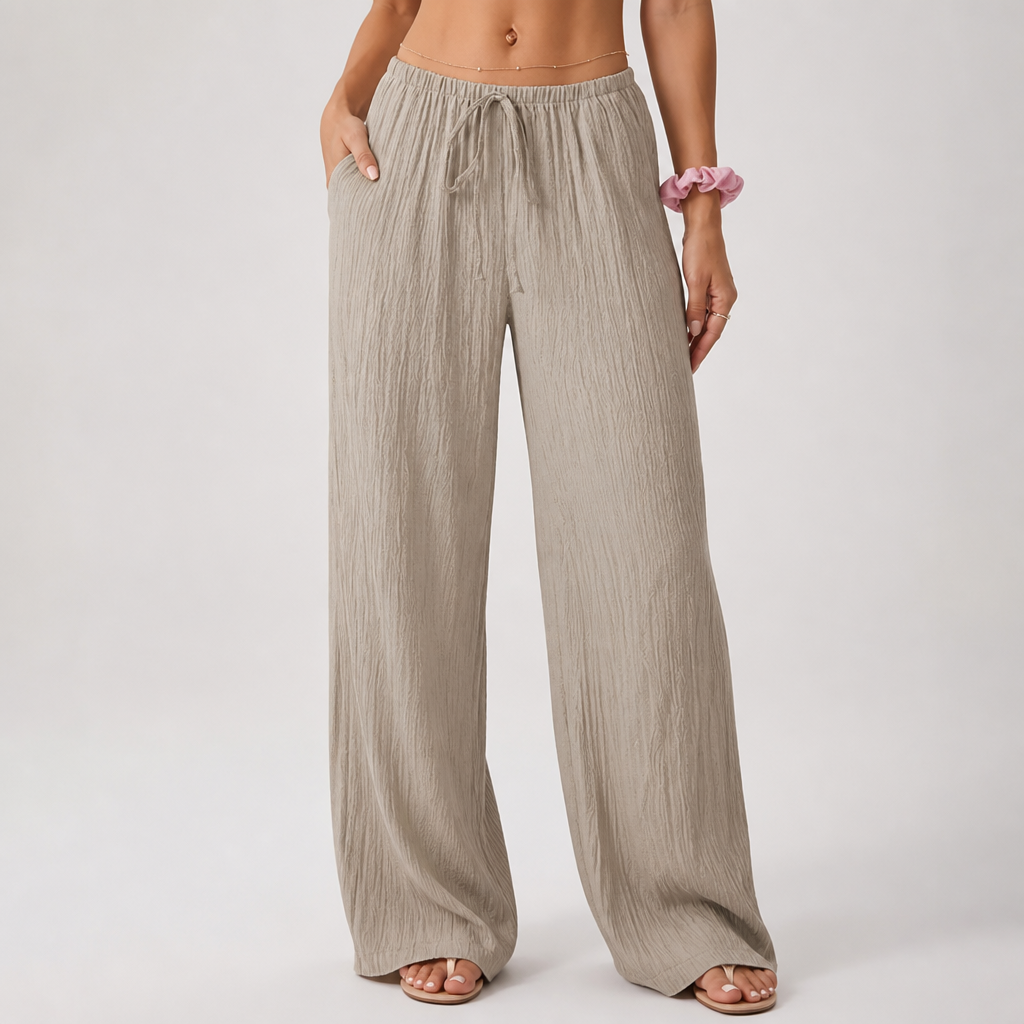 Waist-Tie Wide-Leg Women's Two-Piece Set With Pockets