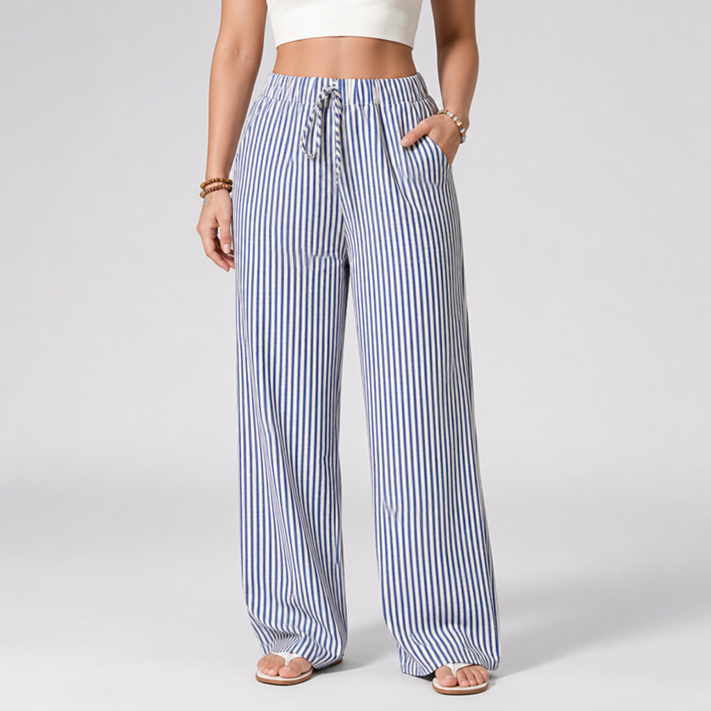 Elastic Drawstring Wide-Leg Striped Pants