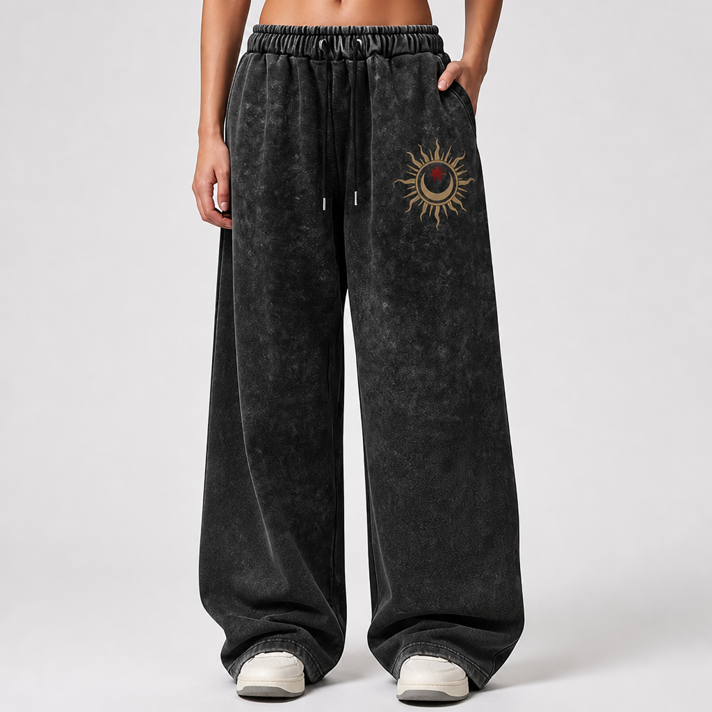 Elastic Drawstring Waist & Celestial Print Wide-Leg Pants
