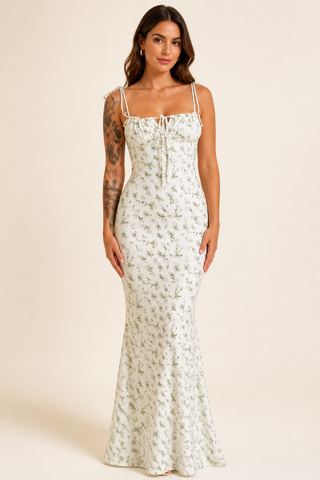 Adjustable Self-Tie Straps & Mermaid Silhouette Floral Maxi Dress