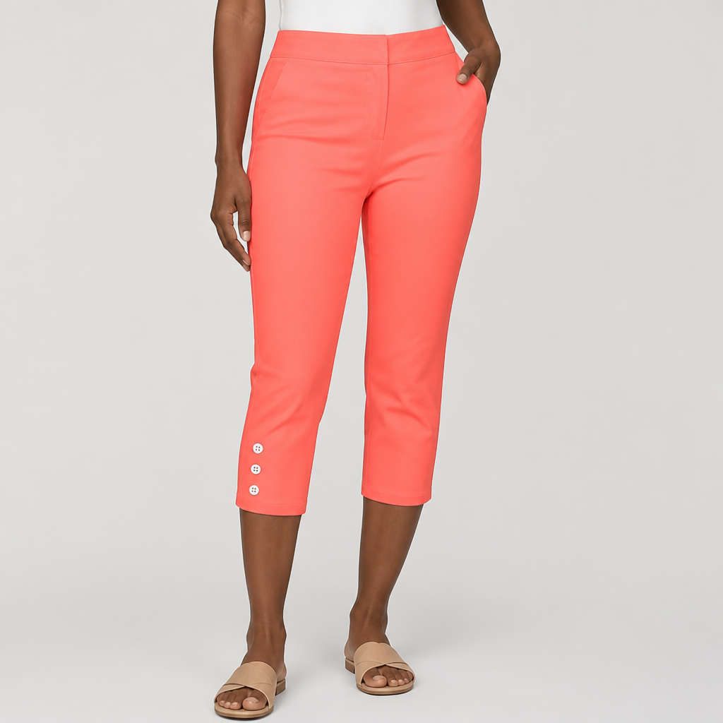 Stretchy Nontransparent Button-Front Capri Pants (Machine Washable)