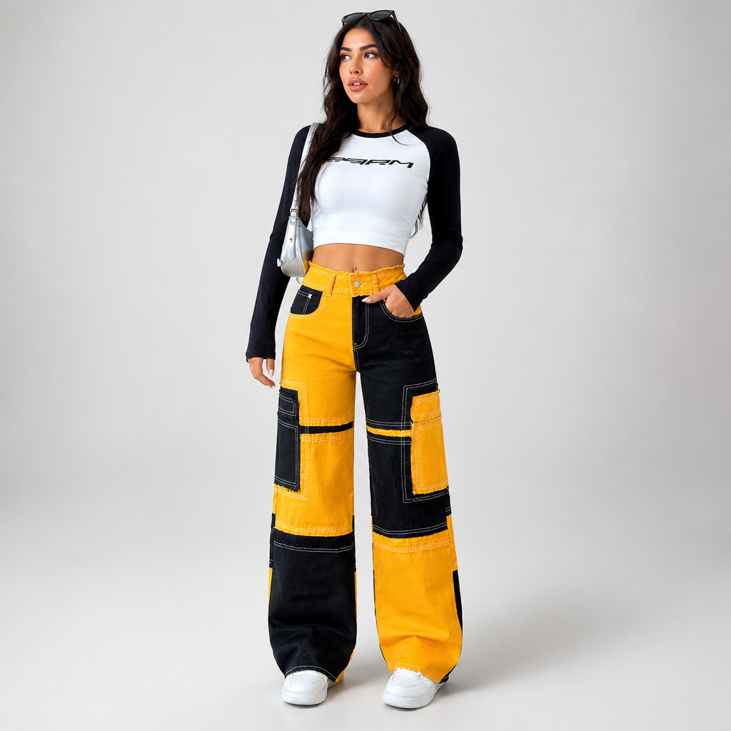 Colorful Stitching High-Waisted Loose Straight Denim Pants