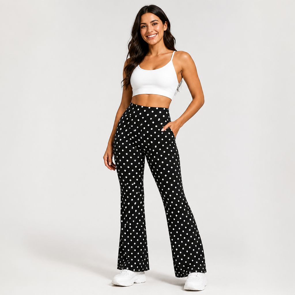High-Waist Tummy Control Stretch Flared Pants (Polka Dot Print)