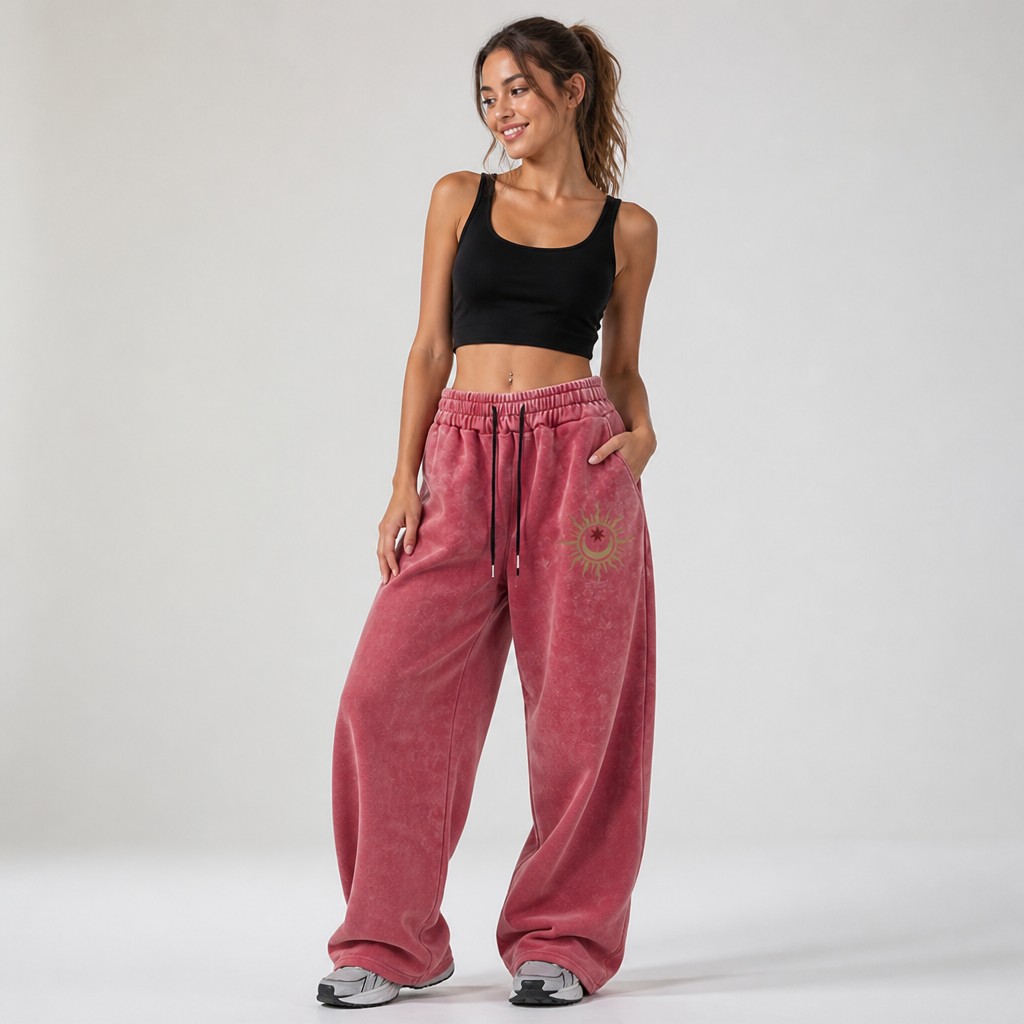 Elastic Drawstring Waist & Celestial Print Wide-Leg Pants