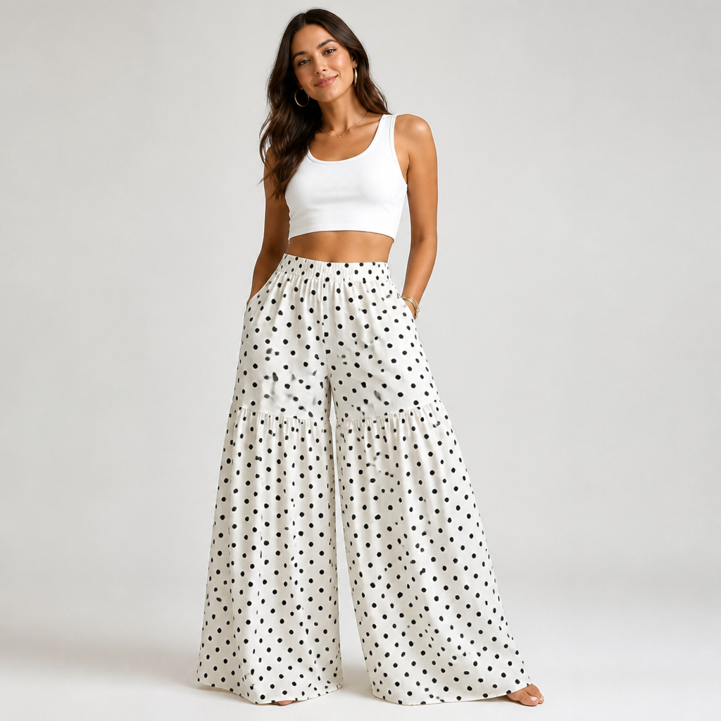 High-Waist Drapey Polka Dot Wide-Leg Pants
