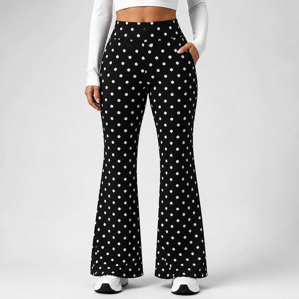 High-Waist Tummy Control Stretch Flared Pants (Polka Dot Print)