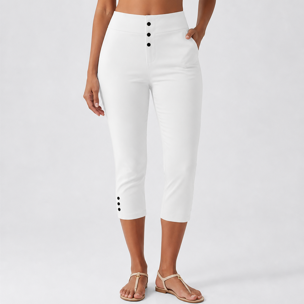 Stretchy Nontransparent Button-Front Capri Pants (Machine Washable)