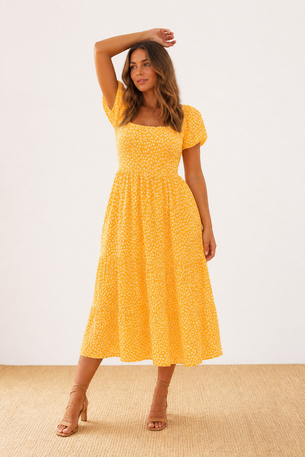Vintage Floral Puff Sleeve Square Collar Maxi Dress