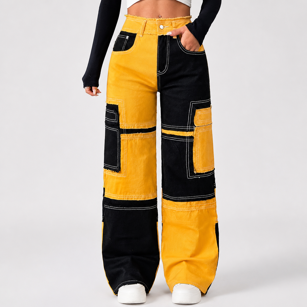 Colorful Stitching High-Waisted Loose Straight Denim Pants
