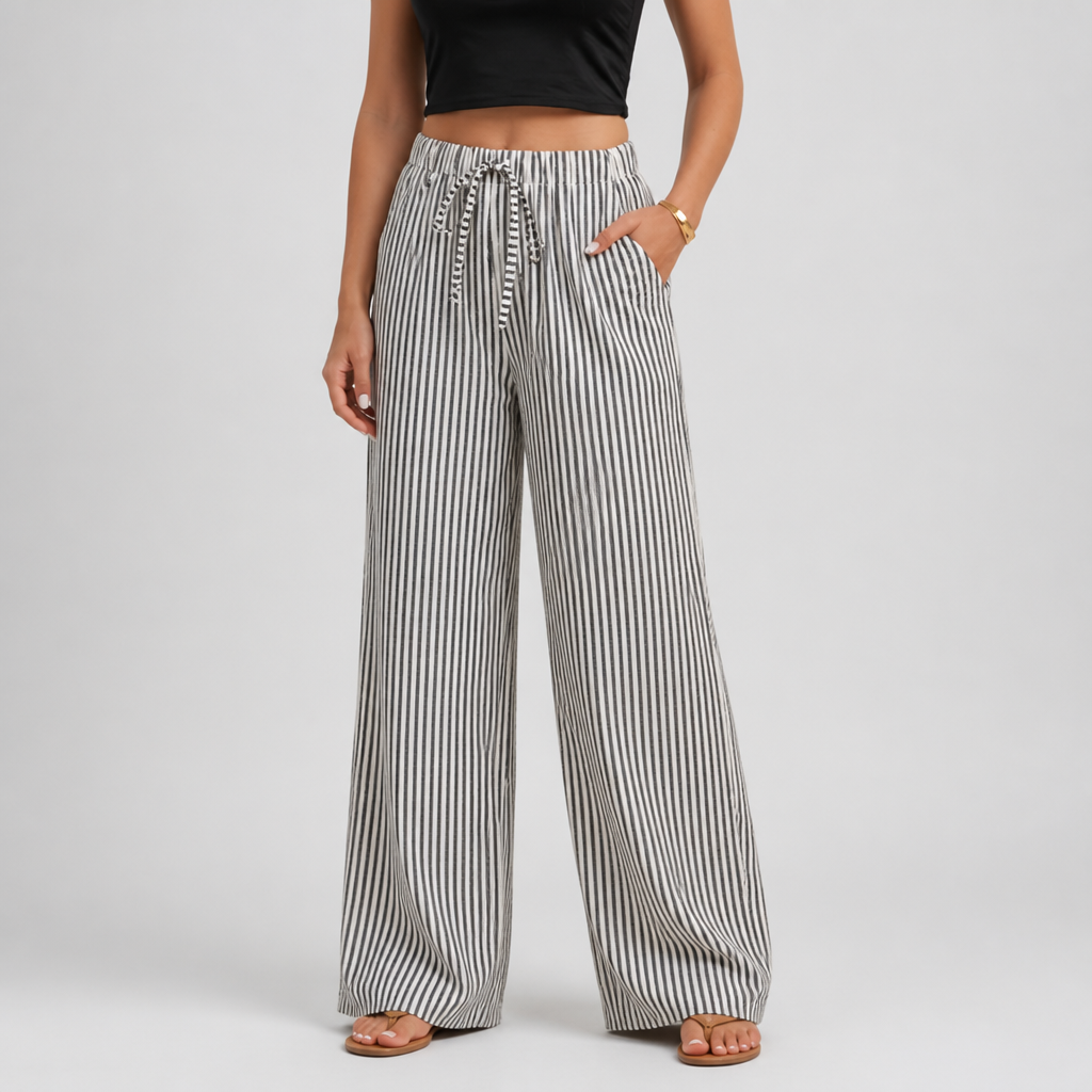 Elastic Drawstring Wide-Leg Striped Pants