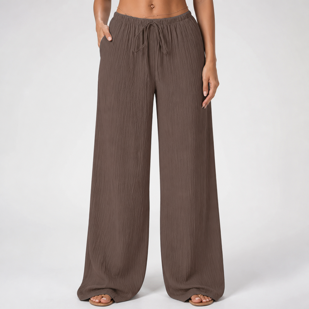 Waist-Tie Wide-Leg Women's Two-Piece Set With Pockets