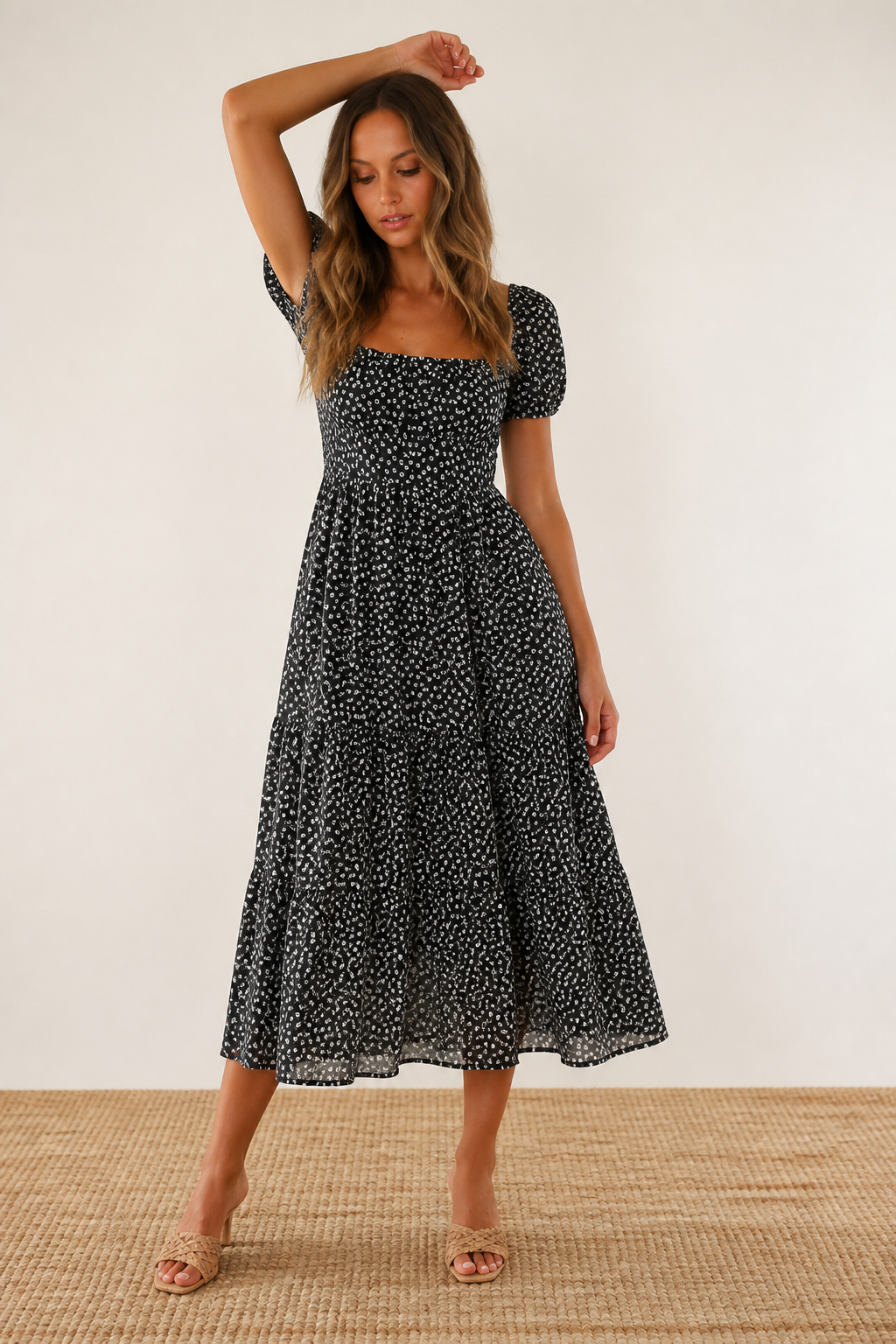 Vintage Floral Puff Sleeve Square Collar Maxi Dress