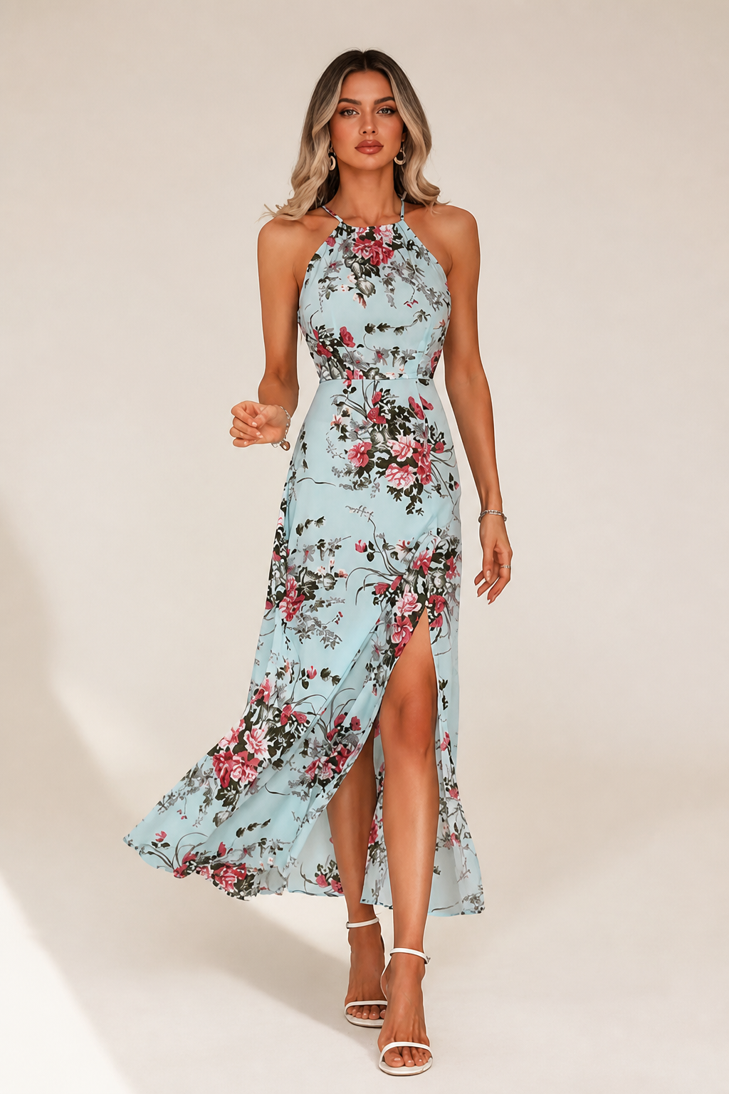 Floral Halter Neck Thigh-High Slit Dress