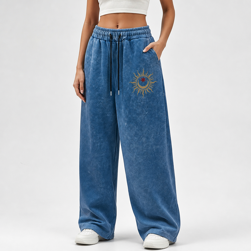 Elastic Drawstring Waist & Celestial Print Wide-Leg Pants