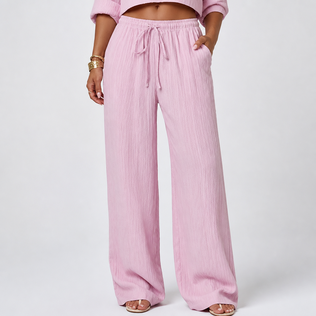 Waist-Tie Wide-Leg Women's Two-Piece Set With Pockets