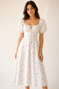 Romantic Floral Waist-Cinching Tie-Front & Back Square Neck Dress