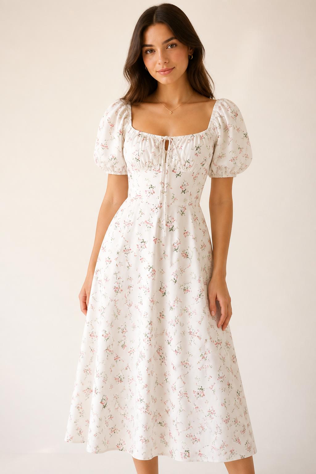 Romantic Floral Waist-Cinching Tie-Front & Back Square Neck Dress