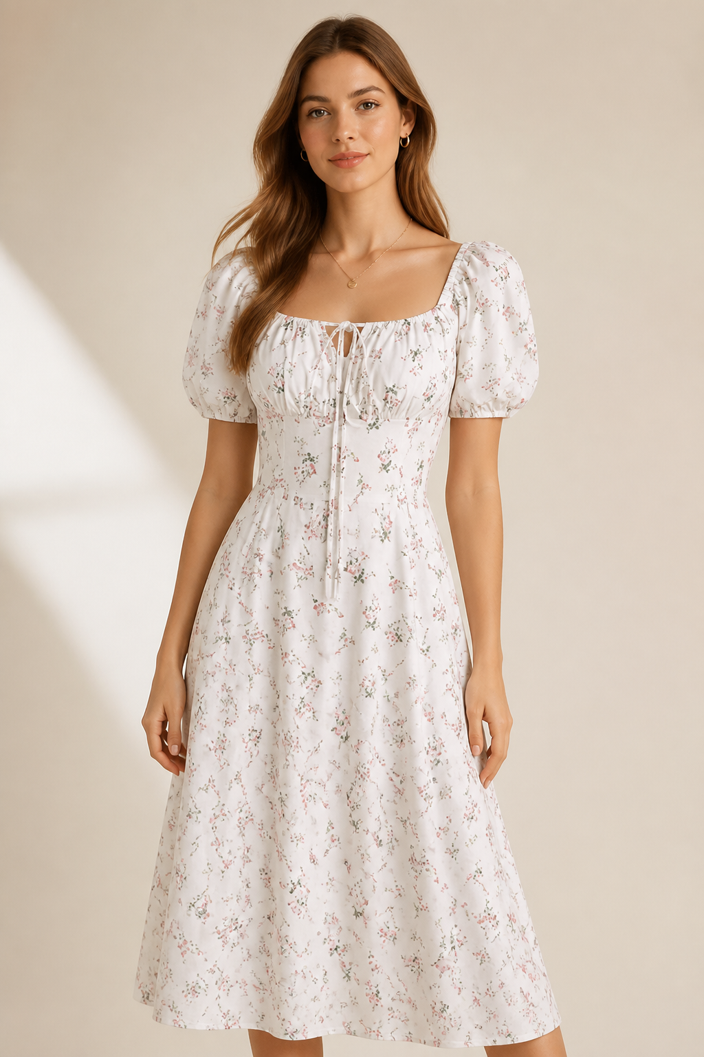 Waist-Cinching Floral Square-Neck Dress