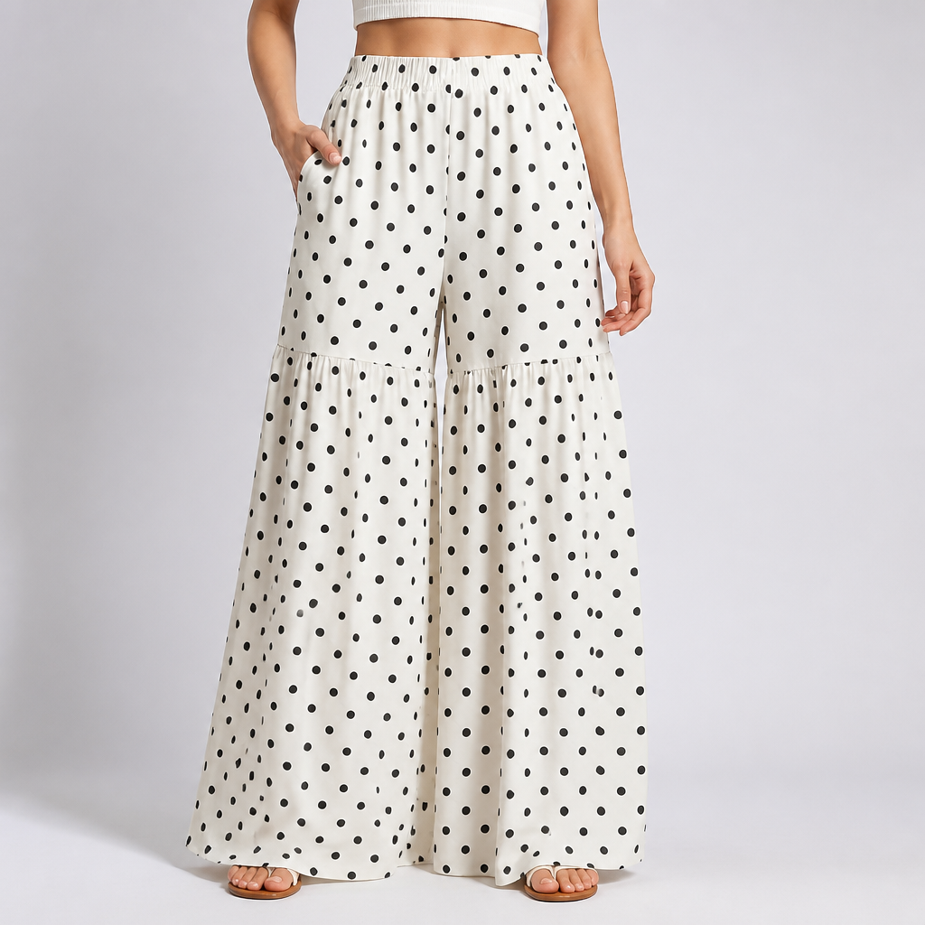 High-Waist Drapey Polka Dot Wide-Leg Pants