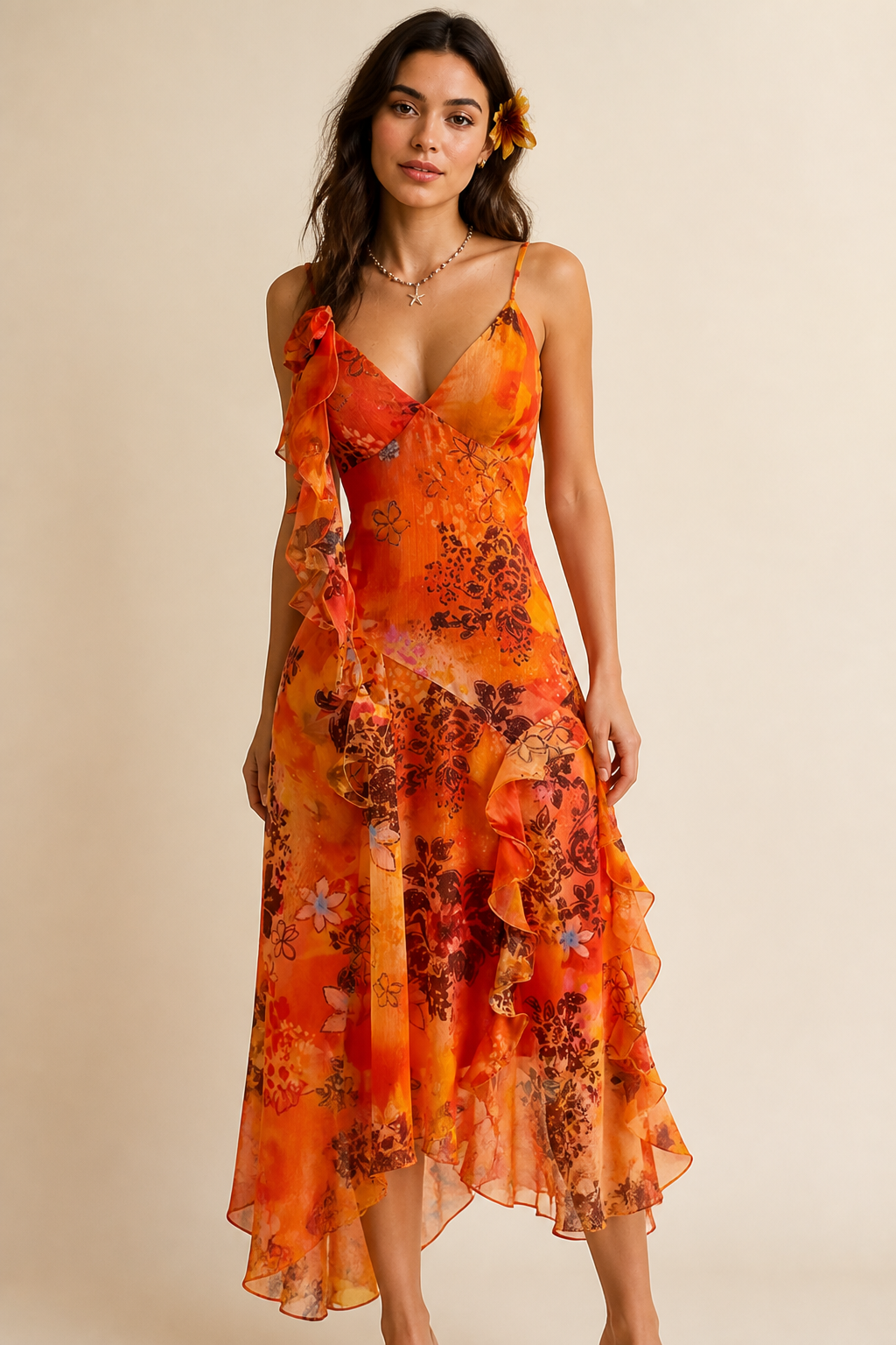 Vintage Tie-Dye Floral & Cinched-Waist Camisole Dress