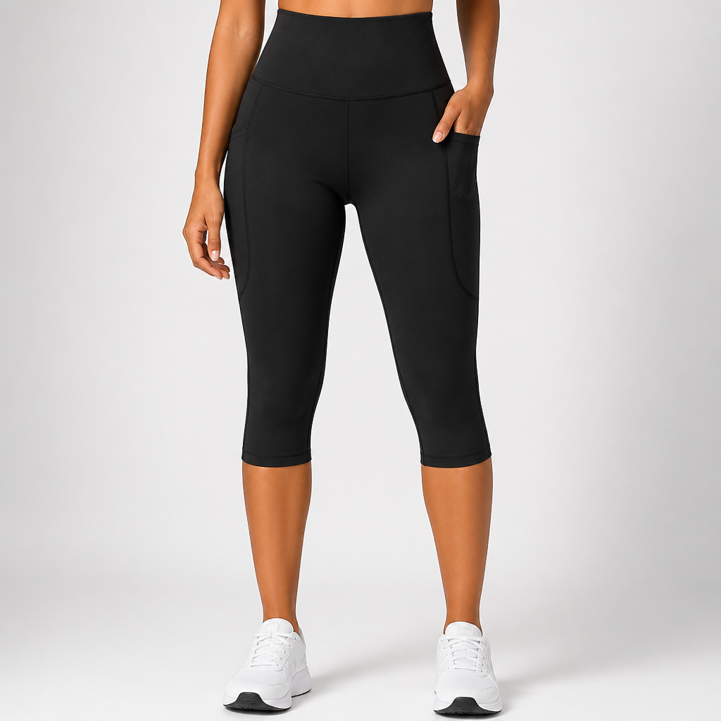 High-Waist Non-See-Through Pocketed Capri Leggings (Regular Fit)