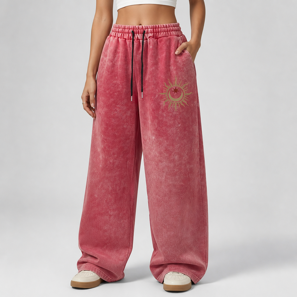 Elastic Drawstring Waist & Celestial Print Wide-Leg Pants
