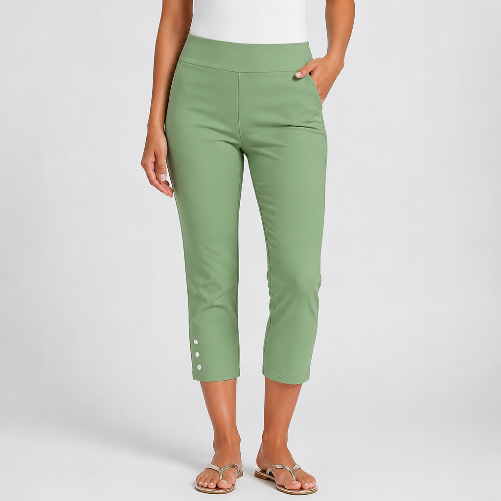 Stretchy Nontransparent Button-Front Capri Pants (Machine Washable)