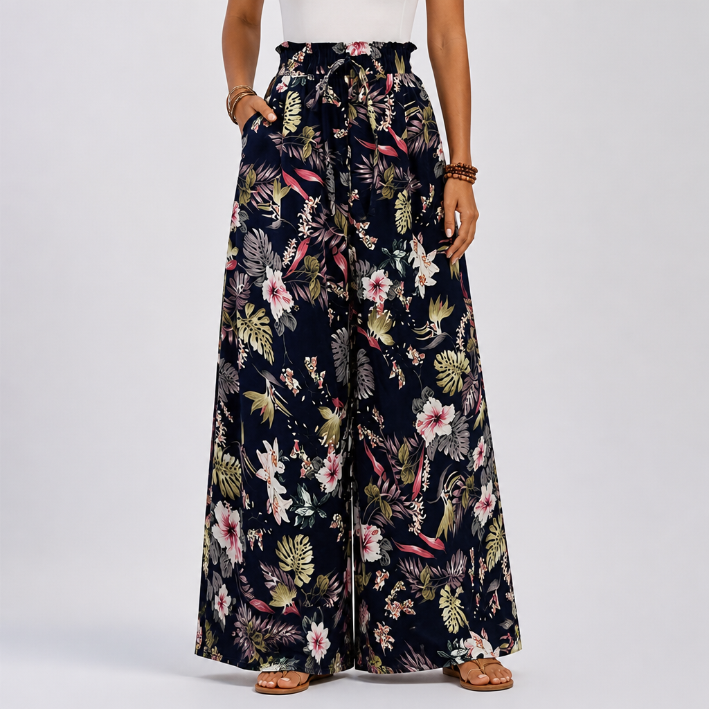 Elastic Waistband Wide-Leg Printed Pants
